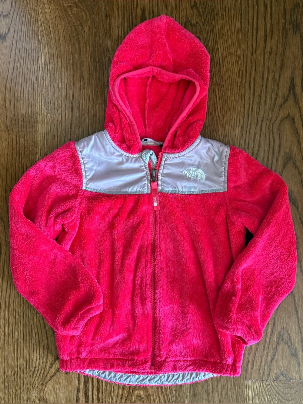 The North Face Girls' Bright Pink Hooded Fleece Jacket with Silver Chest Panel